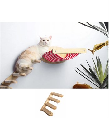 Duvara Monte Ahşap Kırmızı Bezli Kedi Hamağı BuShop doğal ahşap kedi Sol tek merdiven İkili set Kampanya Zebra Serisi