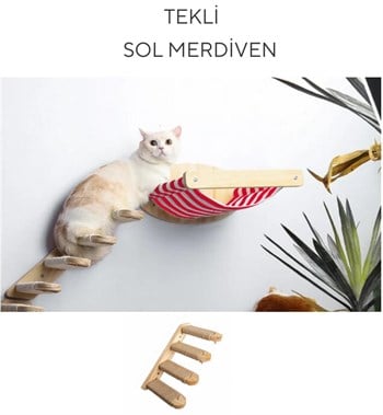 Duvara Monte Ahşap Kırmızı Bezli Kedi Hamağı BuShop doğal ahşap kedi Sol tek merdiven İkili set Kampanya Zebra Serisi