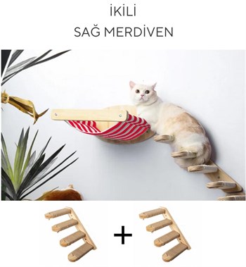 Kedi Yatağı, Kedi Yuvası, ve Kedi duvar yatağı, Kedi merdiveni, 2 adet Sağ Tip Kedi Tırmanma Merdiveni, 3lü Ahşap Set, BuShop Red Zebra Serisi