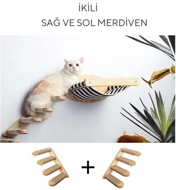 Kedi Yatağı, Kedi Yuvası, ve Kedi duvar yatağı, Kedi merdiveni, Sağ ve Sol Tip Kedi Tırmanma Merdiveni, 3lü Ahşap Set, BuShop Black Zebra Serisi 