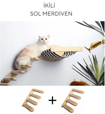 Kedi Yatağı, Kedi Yuvası, ve Kedi duvar yatağı, Kedi merdiveni, 2 adet Sol Tip Kedi Tırmanma Merdiveni, 3lü Ahşap Set, BuShop Black Zebra Serisi