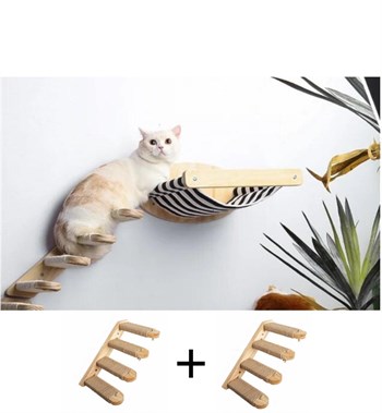 Kedi Yatağı, Kedi Yuvası, ve Kedi duvar yatağı, Kedi merdiveni, 2 adet Sol Tip Kedi Tırmanma Merdiveni, 3lü Ahşap Set, BuShop Black Zebra Serisi