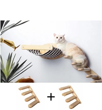 Kedi Yatağı, Kedi Yuvası, ve Kedi duvar yatağı, Kedi merdiveni, 2 adet Sağ Tip Kedi Tırmanma Merdiveni, 3lü Ahşap Set, BuShop Black Zebra Serisi