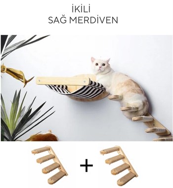 Kedi Yatağı, Kedi Yuvası, ve Kedi duvar yatağı, Kedi merdiveni, 2 adet Sağ Tip Kedi Tırmanma Merdiveni, 3lü Ahşap Set, BuShop Black Zebra Serisi