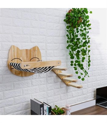 Kedi Yatağı, Kedi Yuvası, ve Kedi duvar yatağı, Kedi hamağı, + Sağ Tip Kedi Merdiveni, 2li Doğal Ahşap Modern Set, BuShop Tom Serisi 