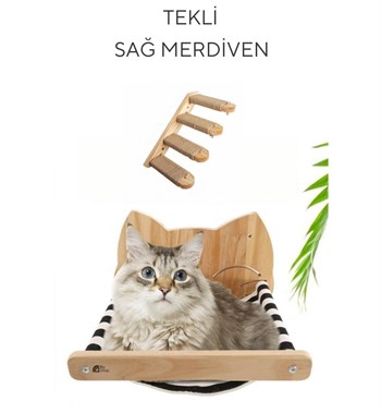 Kedi Yatağı, Kedi Yuvası, ve Kedi duvar yatağı, Kedi hamağı, + Sağ Tip Kedi Merdiveni, 2li Doğal Ahşap Modern Set, BuShop Tom Serisi 