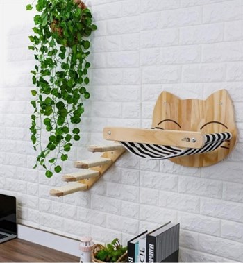 Kedi Yatağı, Kedi Yuvası, ve Kedi duvar yatağı, Kedi hamağı, +  Sol Tip Kedi Merdiveni, 2li Doğal Ahşap Set, BuShop Tom Serisi 