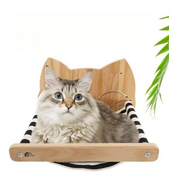 Kedi Yatağı, Kedi Yuvası, ve Kedi duvar yatağı, Kedi hamağı, + Sağ Tip Kedi Merdiveni, 2li Doğal Ahşap Modern Set, BuShop Tom Serisi 