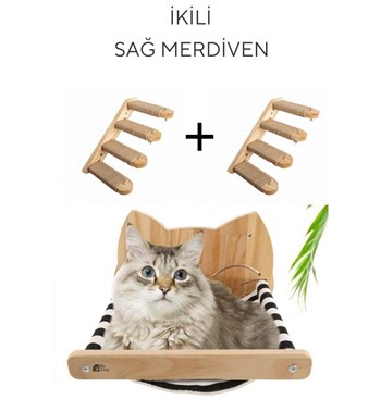 Kedi duvar yatağı, Kedi Yatağı, Kedi Yuvası, + Kedi merdiveni, 2 Adet Sağ Tip Kedi Tırmanma Merdiveni, 3lü Ahşap Set, BuShop Tom Serisi