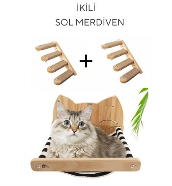 Kedi duvar yatağı, Kedi Yatağı, Kedi Yuvası, + Kedi merdiveni, 2 Adet Sol Tip Kedi Tırmanma Merdiveni, 3lü Ahşap Set, BuShop Tom Serisi