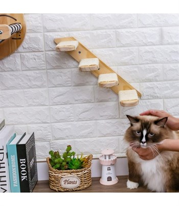 Kedi Yatağı, Kedi Yuvası, ve Kedi duvar yatağı, Kedi hamağı, + Sağ Tip Kedi Merdiveni, 2li Doğal Ahşap Modern Set, BuShop Tom Serisi 
