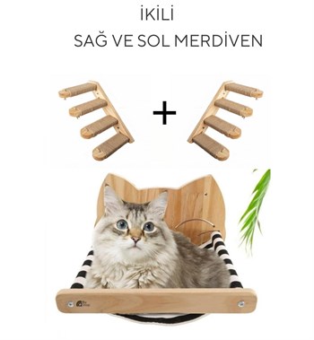 Kedi Yatağı, Kedi Yuvası, ve Kedi duvar yatağı, Kedi merdiveni, Sağ ve Sol Tip Kedi Tırmanma Merdiveni, 3lü Ahşap Set, BuShop Tom Serisi