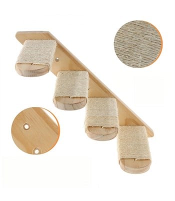 Kedi Yatağı, Kedi Yuvası, ve Kedi duvar yatağı, Kedi hamağı, + Sağ Tip Kedi Merdiveni, 2li Doğal Ahşap Modern Set, BuShop Tom Serisi 