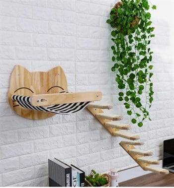 Kedi duvar yatağı, Kedi Yatağı, Kedi Yuvası, + Kedi merdiveni, 2 Adet Sağ Tip Kedi Tırmanma Merdiveni, 3lü Ahşap Set, BuShop Tom Serisi