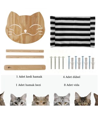 Kedi duvar yatağı, Kedi Yatağı, Kedi Yuvası, + Kedi merdiveni, 2 Adet Sol Tip Kedi Tırmanma Merdiveni, 3lü Ahşap Set, BuShop Tom Serisi