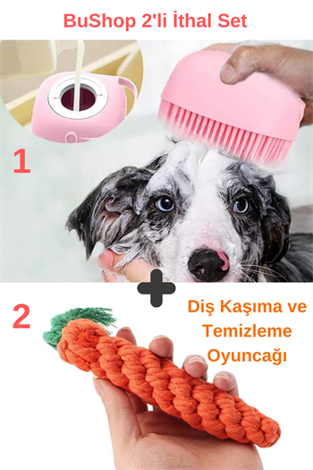 Köpek Diş İpi Halatı ve Şampuan Hazneli Kedi Ve Köpek Evcil Hayvan Yıkama Fırçası, 2 li İthal Set
