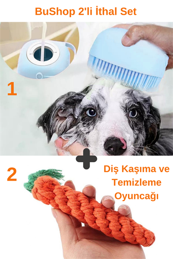 Eğitici köpek oyuncağı ve Şampuan Hazneli Kedi Ve Köpek Evcil Hayvan Yıkama Fırçası, 2 li İthal Set