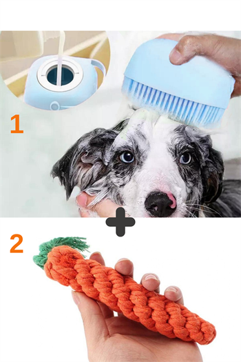 Eğitici köpek oyuncağı ve Şampuan Hazneli Kedi Ve Köpek Evcil Hayvan Yıkama Fırçası, 2 li İthal Set