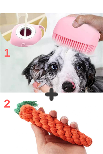 Köpek Diş İpi Halatı ve Şampuan Hazneli Kedi Ve Köpek Evcil Hayvan Yıkama Fırçası, 2 li İthal Set