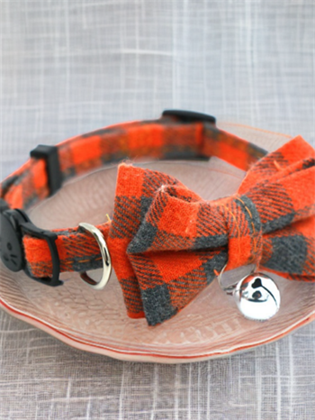 Kedi boyun tasması, kedi papyon,kedi tasması ,turuncu ekose desenli, lüx kumaş, medium