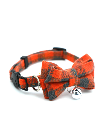 Kedi boyun tasması, kedi papyon,kedi tasması ,turuncu ekose desenli, lüx kumaş, medium