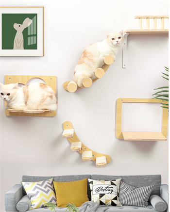 Kedi duvar hamağı, Kedi duvar parkuru, Kedi duvar yatağı, Kedi Duvar Evi, Kedi duvar merdiveni, Kedi duvar tırmalama,  5 parça pro ahşap set , Bushop Clouds Serisi