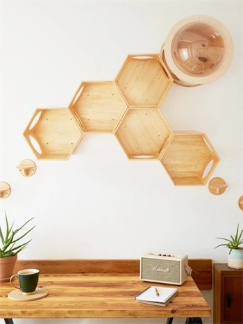 Kedi duvar yatağı, Kedi duvar parkuru, Kedi duvar evi, Petek Kedi Rafı, Birbirine eklenebilir, BuShop Ahşap Petek Tek Adet.