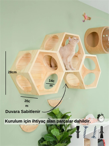 Kedi duvar yatağı, Kedi duvar parkuru, Kedi duvar evi, Petek Kedi Rafı, Birbirine eklenebilir, BuShop Ahşap Petek Tek Adet.