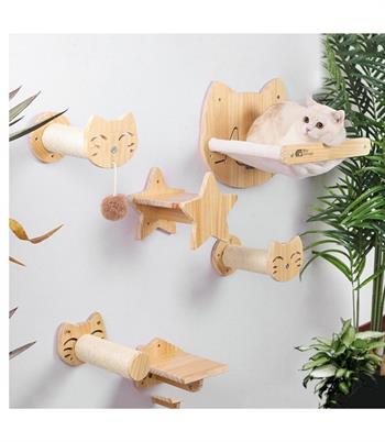Kedi duvar hamağı, Kedi duvar parkuru, Kedi duvar yatağı, Kedi Duvar Evi, Kedi duvar merdiveni, Kedi duvar tırmalama,  4 parça muhteşem ahşap set , Bushop Tom Serisi