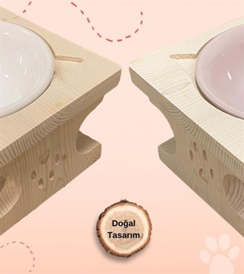 Kedi Köpek Mama Ve Su Kabı-Pembe Seramik Tek Kase Hediyeli-Gerçek Ham Ahşap-BuShop Katya Preminyum 