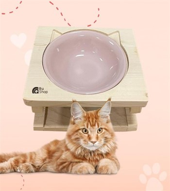 Kedi Köpek Mama Ve Su Kabı-Pembe Seramik Tek Kase Hediyeli-Gerçek Ham Ahşap-BuShop Katya Preminyum 