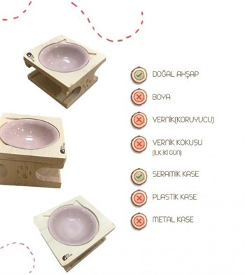 Kedi Köpek Mama Ve Su Kabı-Pembe Seramik Tek Kase Hediyeli-Gerçek Ham Ahşap-BuShop Katya Preminyum 