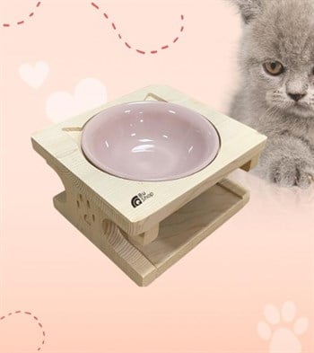 Kedi Köpek Mama Ve Su Kabı-Pembe Seramik Tek Kase Hediyeli-Gerçek Ham Ahşap-BuShop Katya Preminyum 