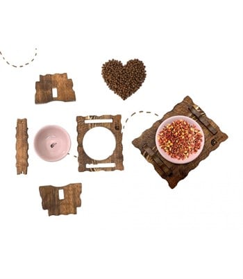 Kedi Köpek Mama Ve Su Kabı-Seramik Tek Adet Pembe Kase Hediyeli-Gerçek Ahşap-Kayın Renk-BuShop Enrico Preminyum