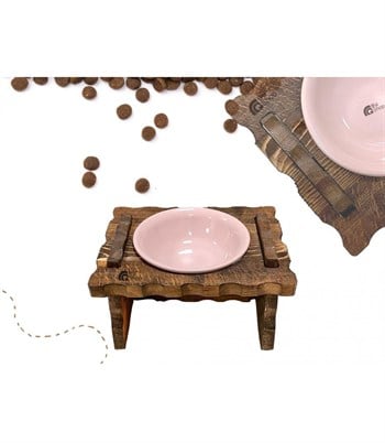Kedi Köpek Mama Ve Su Kabı-Seramik Tek Adet Pembe Kase Hediyeli-Gerçek Ahşap-Kayın Renk-BuShop Enrico Preminyum