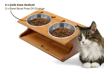 Kedi Köpek Mama Ve Su Kabı-Çelik İki Adet Kase Hediyeli-Kontrplak Ahşap-BuShop Katya