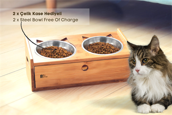 Kedi Köpek Mama Ve Su Kabı-Çelik İki Adet Kase Hediyeli-Gerçek Ahşap-Armut Kiraz-Çekmeceli-BuShop Merlin