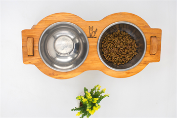 Kedi Köpek Mama Ve Su Kabı-Çelik İki Adet Kase Hediyeli-Gerçek Ahşap-Armut Kiraz-BuShop Mişa