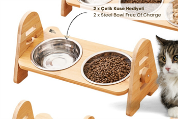 Kedi Köpek Mama Ve Su Kabı-Çelik İki Adet Kase Hediyeli-Gerçek Ahşap-Kayın Renk-BuShop Alfa 