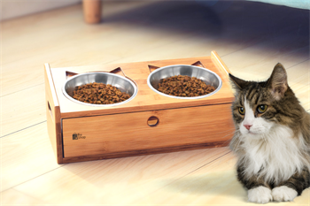 Kedi Köpek Mama Ve Su Kabı-Çelik İki Adet Kase Hediyeli-Gerçek Ahşap-Armut Kiraz-Çekmeceli-BuShop Merlin