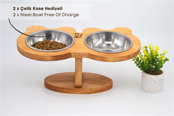 Kedi Köpek Mama Ve Su Kabı-Çelik İki Adet Kase Hediyeli-Gerçek Ahşap-Armut Kiraz-BuShop Boncuk 