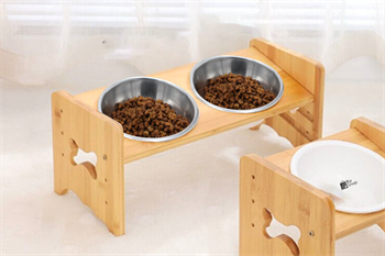 Kedi Köpek Mama Ve Su Kabı-Çelik İki Adet Kase Hediyeli-Gerçek Ahşap-Kayın Renk-BuShop Kemik