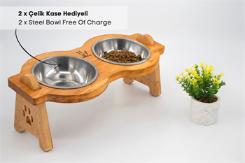 Kedi Köpek Mama Ve Su Kabı-Çelik İki Adet Kase Hediyeli-Gerçek Ahşap-Armut Kiraz-BuShop Mişa