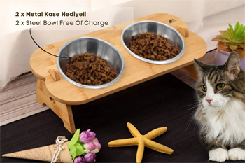 Kedi Köpek Mama Ve Su Kabı-Çelik İki Adet Kase Hediyeli-Gerçek Ahşap-Kayın Renk-BuShop Shell 