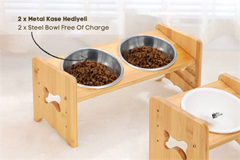 Kedi Köpek Mama Ve Su Kabı-Çelik İki Adet Kase Hediyeli-Gerçek Ahşap-Kayın Renk-BuShop Kemik