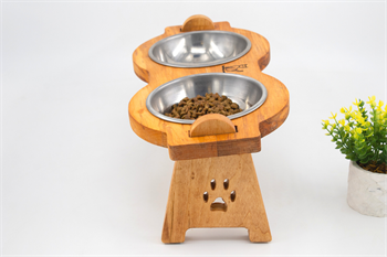 Kedi Köpek Mama Ve Su Kabı-Çelik İki Adet Kase Hediyeli-Gerçek Ahşap-Armut Kiraz-BuShop Mişa