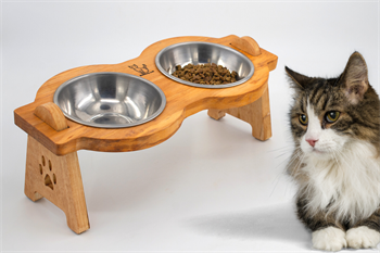 Kedi Köpek Mama Ve Su Kabı-Çelik İki Adet Kase Hediyeli-Gerçek Ahşap-Armut Kiraz-BuShop Mişa