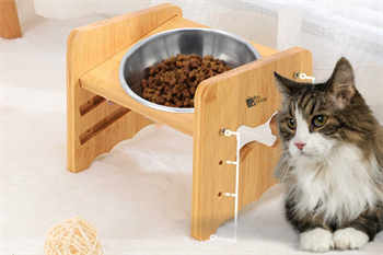 Kedi Köpek Mama Ve Su Kabı-Çelik Tek Adet Kase Hediyeli-Gerçek Ahşap-Kayın Renk-BuShop Kemik