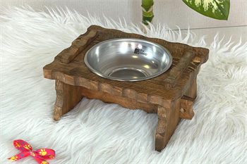 Kedi Köpek Mama Ve Su Kabı-Çelik Tek Adet Kase Hediyeli-Gerçek Ahşap-Latin Ceviz-BuShop Enrico 