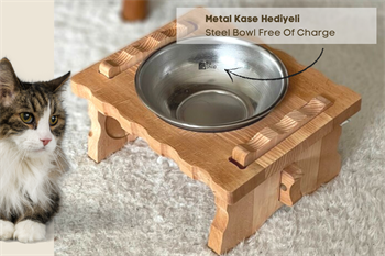 Kedi Köpek Mama Ve Su Kabı-Çelik Tek Adet Kase Hediyeli-Gerçek Ahşap-Kayın Renk-BuShop Enrico 
